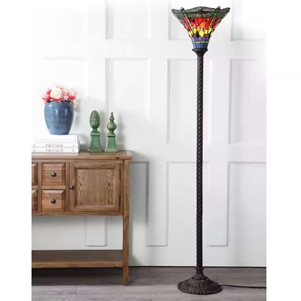 Dragonfly Tiffany-Style 71 in. Bronze/Green Torchiere Floor Lamp